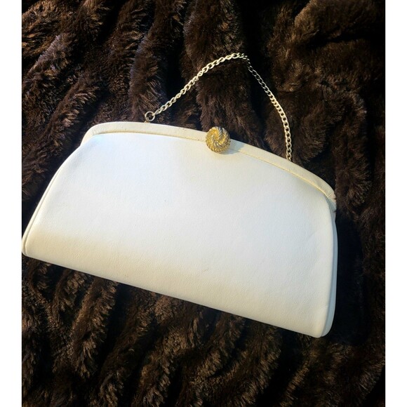 Classic Vintage 60s Whte Hinged Clutch Mod GoGo Bridal Handbag With Chain - Picture 1 of 15